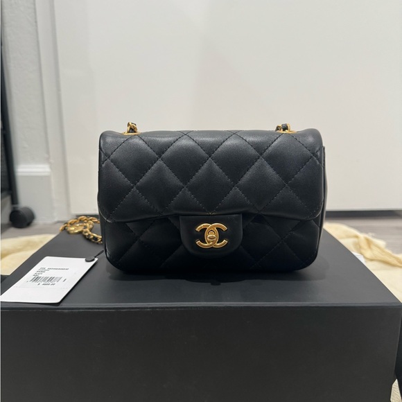 Chanel 22B Black Mini Flap Rectangle Open Heart Gold Logo Shoulder Crossbody Bag - Picture 4 of 7